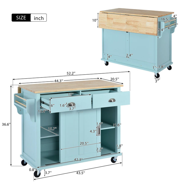 Kitchen Cart with Rubber wood Drop-Leaf Countertop, Concealed sliding barn door adjustable height,Kitchen Island on 4 Wheels withStorage Cabinet and 2 Drawers,L52.2xW30.5xH36.6 inch, Mint Green