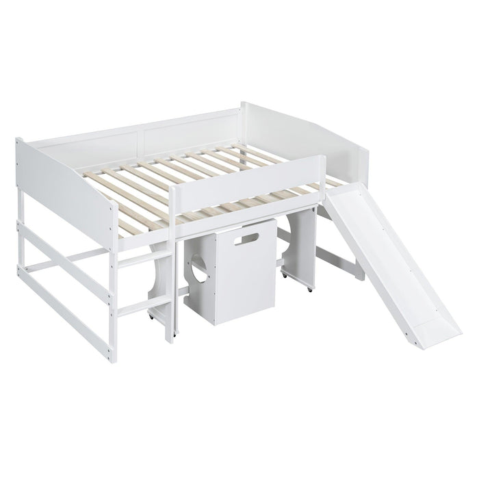 Low Study Full Loft Bed with Rolling Portable Desk and Chair,Multiple Functions Bed- White