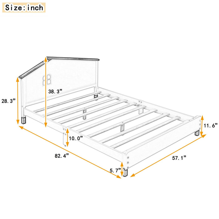 Full Size Wood Platform Bed with House-shaped Headboard  (White+Pink)