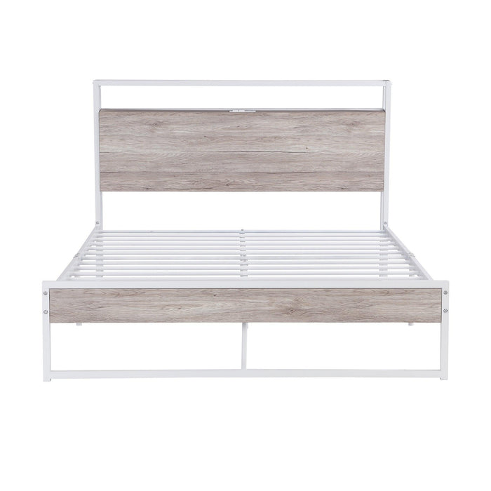 Full Size Metal Platform Bed Frame with Sockets, USB Ports and Slat Support ,No Box Spring Needed White