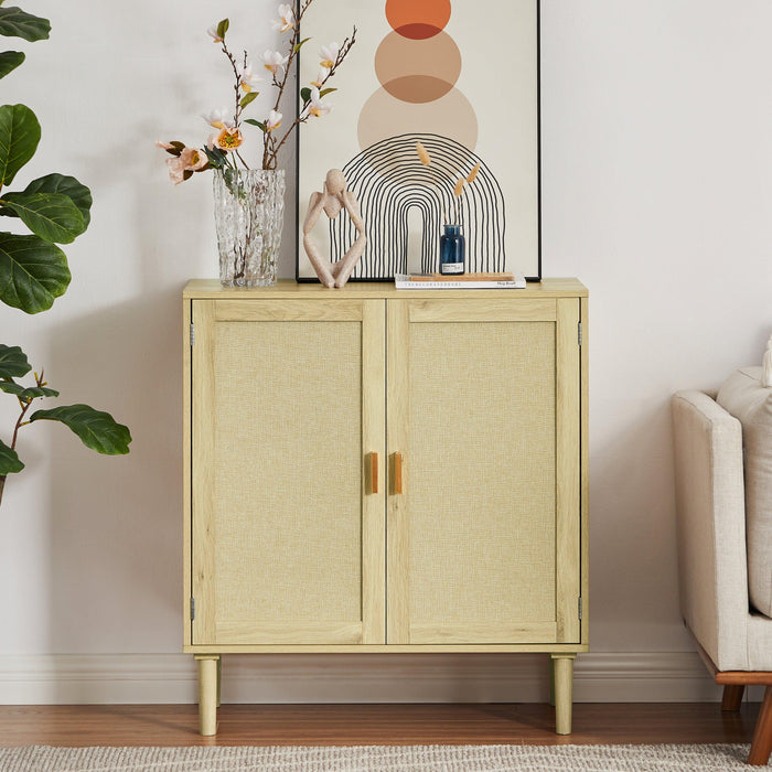 Mid-Century 2-Door Accent Chest, WoodStorage Cabinet with Shelf and Fabric Covered Panels（Natural，31.5''w x 15.8''d x 34.6"h）.