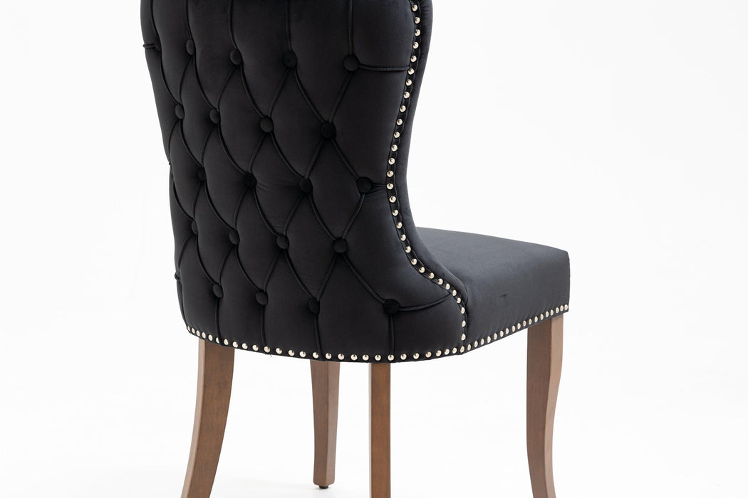 Set of 2 Velvet Upholstered Dining chair with Designed Back and Nailhead trim and Solid Wood Legs BLACK