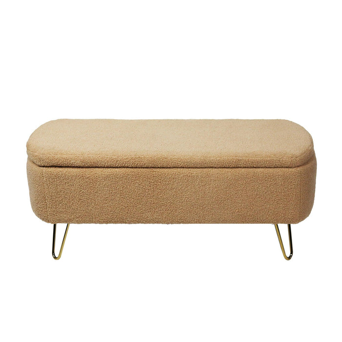 CamelStorage Ottoman Bench for End of Bed Gold Legs,Modern Camel Faux Fur Entryway Bench Upholstered Padded withStorage for Living Room Bedroom