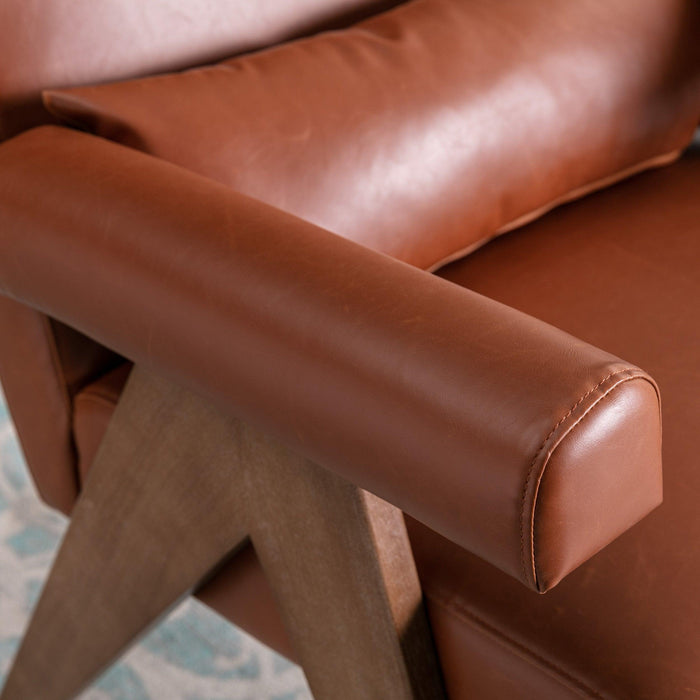 Accent chair, KD rubber wood legs with Walnut finish. PU leather cover the seat. With a cushion.Brown