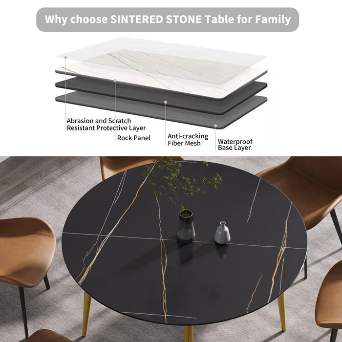 53.15 "Modern artificial stone black round dining table with golden metal legs-can accommodate 6 people.