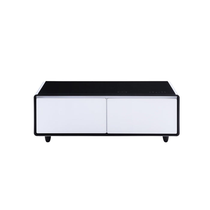 Modern Smart Coffee Table with Built-in Fridge, Bluetooth Speaker, Wireless Charging Module, Touch Control Panel, Power Socket, USB Interface, Outlet Protection, Atmosphere light, and More