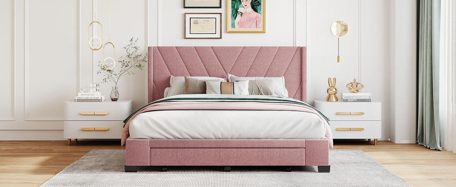 Queen SizeStorage Bed Linen Upholstered Platform Bed with 3 Drawers (Pink)