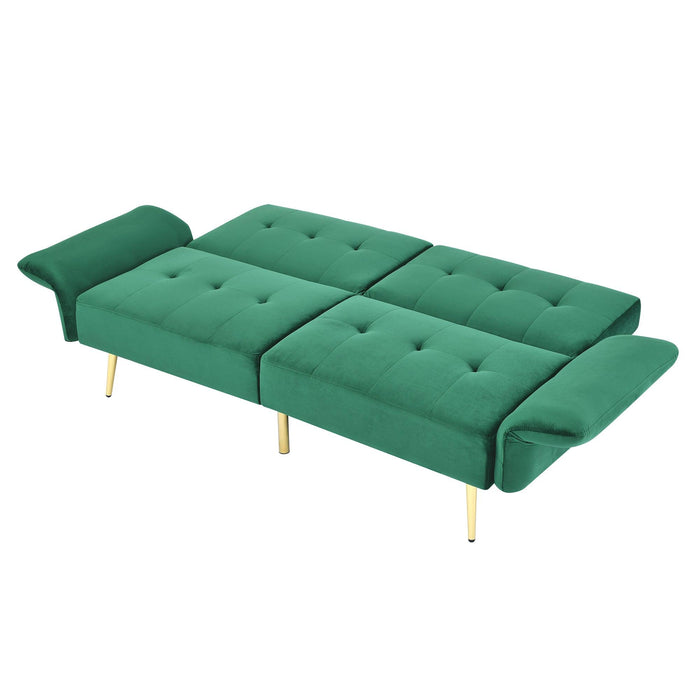 78" Italian Velvet Futon Sofa Bed, Convertible Sleeper Loveseat Couch with Folded Armrests andStorage Bags for Living Room and Small Space, Green 280g velvet