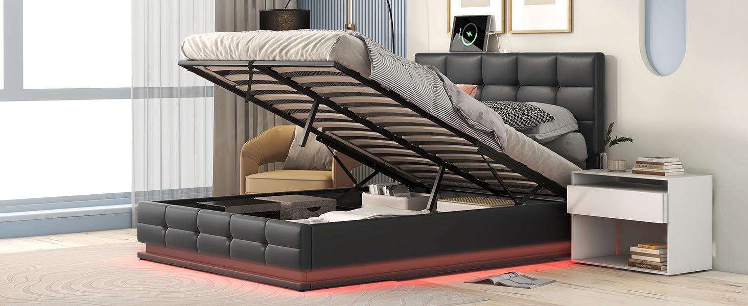 Full Size Tufted Upholstered Platform Bed with HydraulicStorage System,PUStorage Bed with LED Lights and USB charger, Black