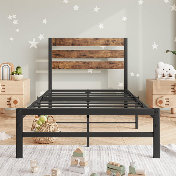 Twin Size Platform Bed Frame with Rustic Vintage Wood Headboard, Strong Metal Slats Support Mattress Foundation, No Box Spring Needed Rustic Brown