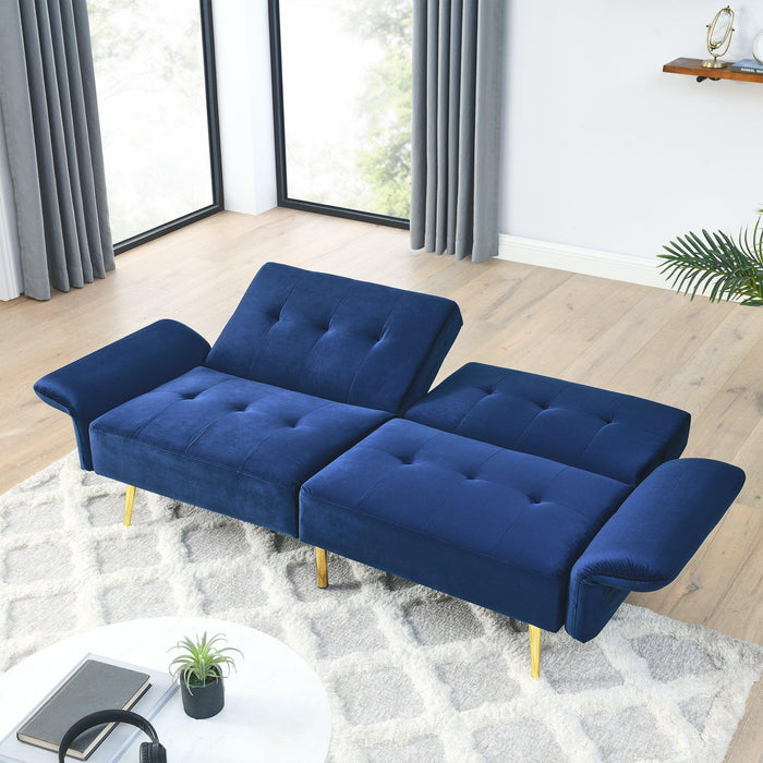 78" Italian Velvet Futon Sofa Bed, Convertible Sleeper Loveseat Couch with Folded Armrests andStorage Bags for Living Room and Small Space, Navy 280g velvet