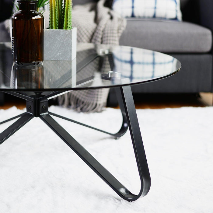 Round Coffee Table for Living Room, 31.5-inchModern Sofa Side End Table with Tempered Glass Top & Metal Legs, Accent Cocktail Tea Table, 31.5 x 31.5 x 15.6 inches, Black