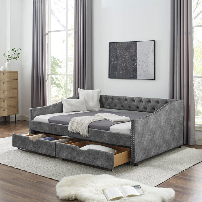 Full Size Daybed with Drawers Upholstered Tufted Sofa Bed, with Button on Back and Copper Nail on Waved Shape Arms，Grey（80.5“x55.5”x27.5“）