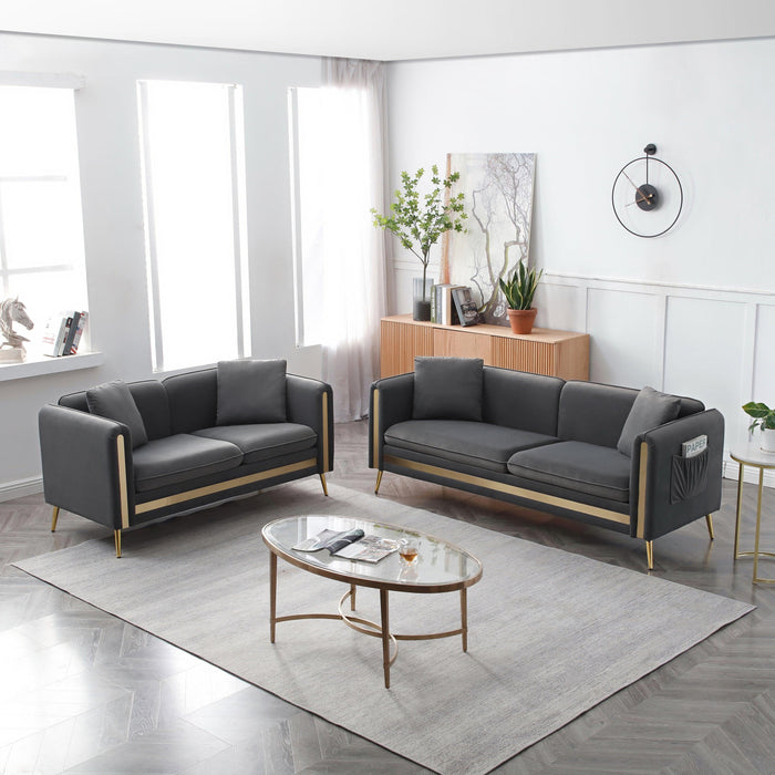 Modern Upholstered Velvet Sofa and Loveseat Mid-Century Tufted Living Room Set ld Metal Legs with Removable Cushions Side Pocket,4 Pillows Included,Grey