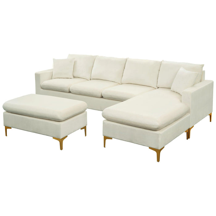 110.6" Sectional Sofa with Ottoman, L-Shape Elegant Velvet Upholstered Couch with 2 Pillows for Living Room Apartment,Cream White