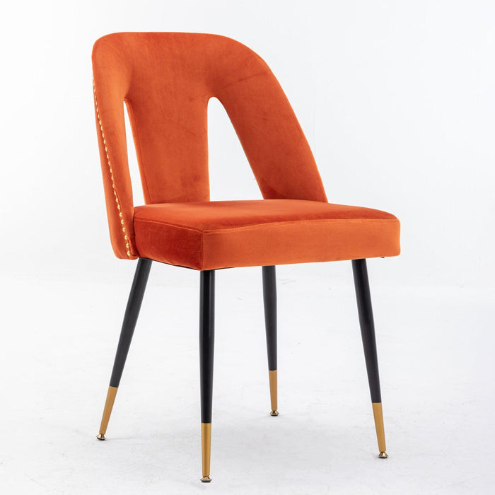 Akoya CollectionModern | Contemporary Velvet Upholstered Dining Chair with Nailheads and Gold Tipped Black Metal Legs, Orange，Set of 2