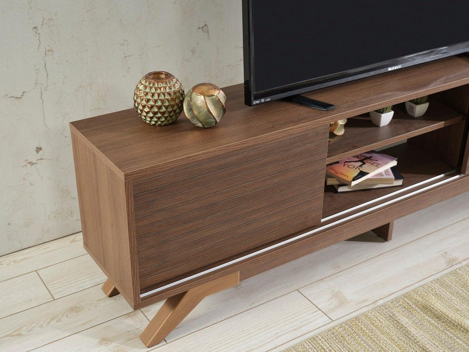 Luxia Mid CenturyModern Tv Stand 2 Sliding Door Cabinet 2 Shelves 67 inch Tv Unit, Walnut