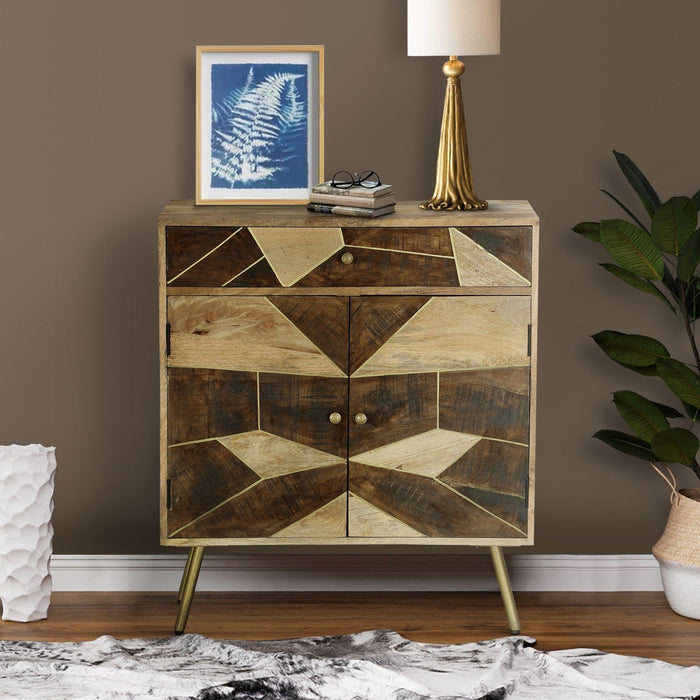 Brita 36 Inch ManWood Nightstand Side Table Cabinet, 2 Doors, Geometric Inlaid Design, Brown, Gold