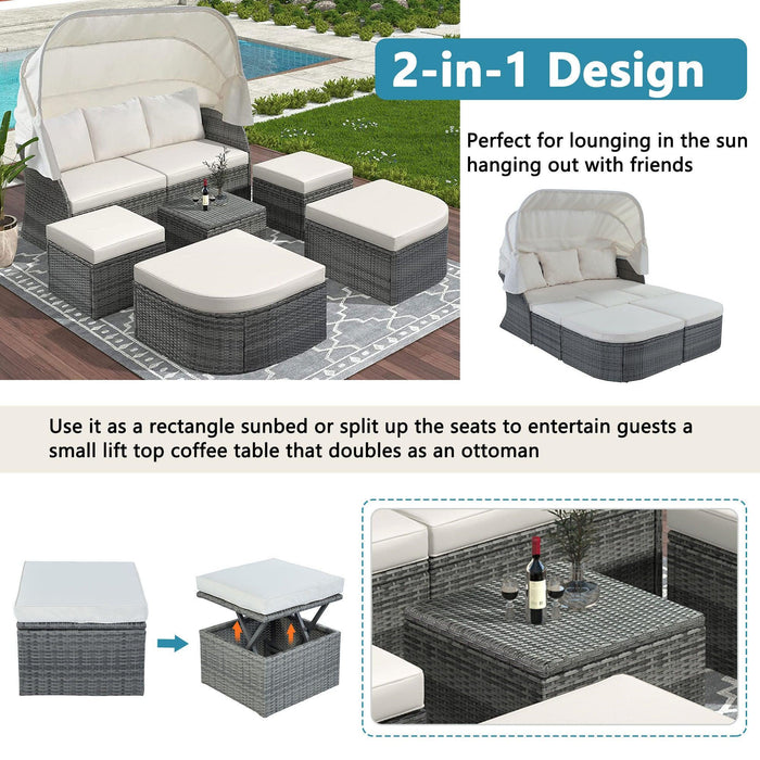 Outdoor Patio Furniture Set Daybed Sunbed with Retractable Canopy and Beige Cushions