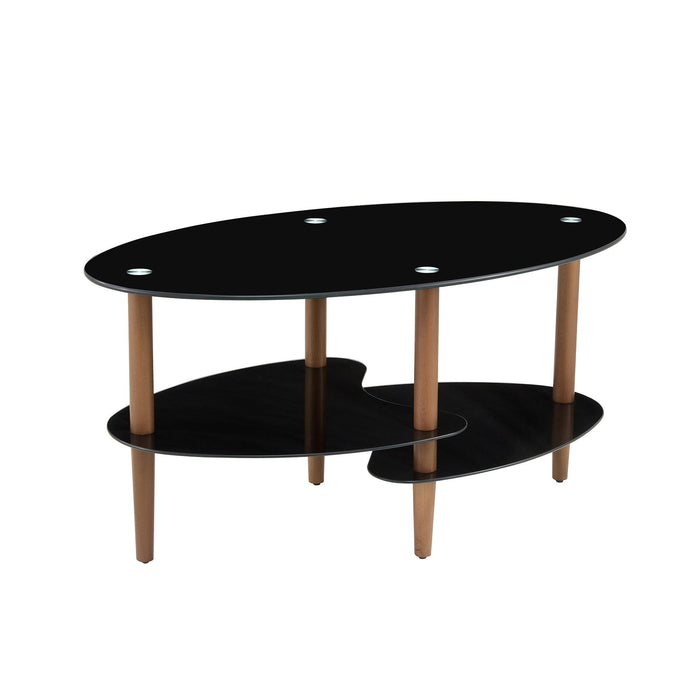 Black Oval glass coffee table,Modern table in living room Oak wood leg tea table 3-layer  glass table