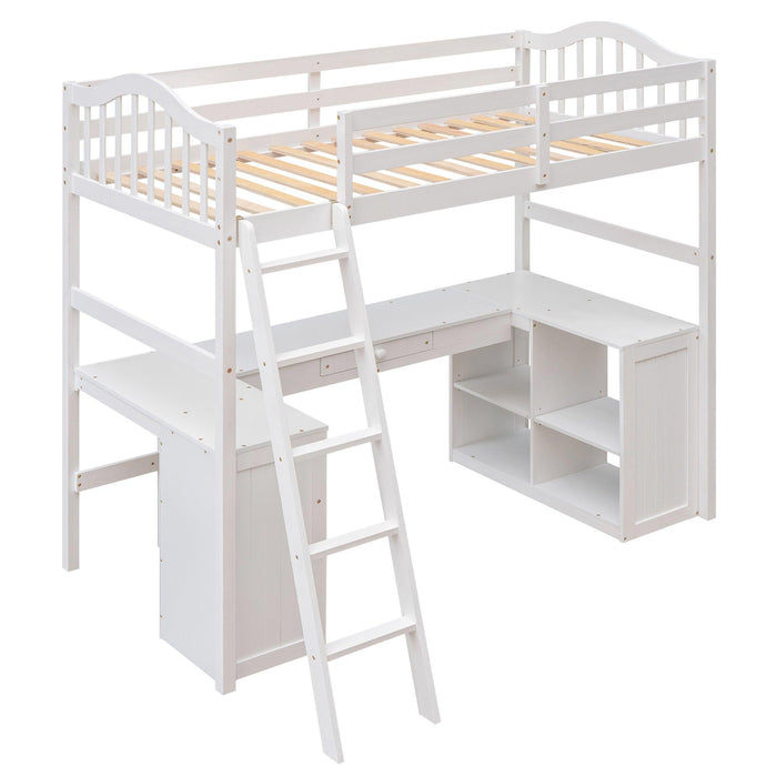 Twin size Loft Bed with Drawers, Cabinet, Shelves and Desk, Wooden Loft Bed with Desk - White