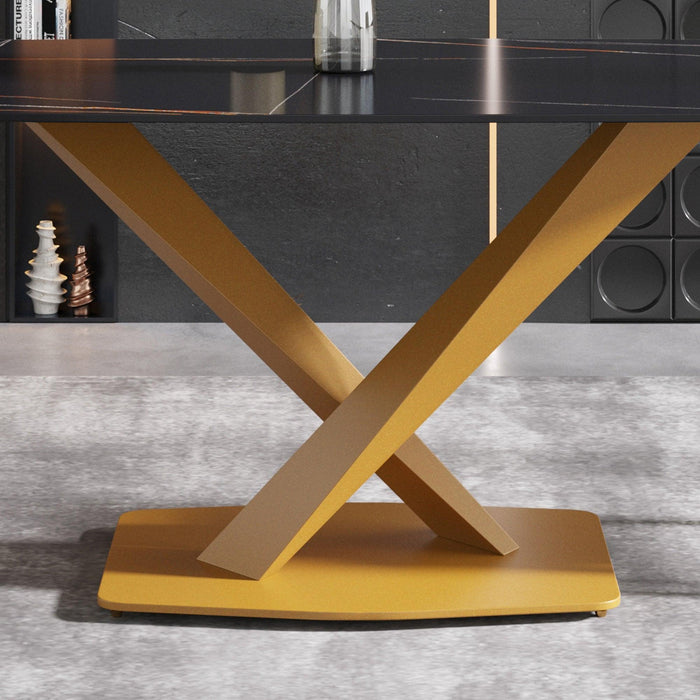 63"Modern artificial stone black curved golden metal leg dining table -6 people