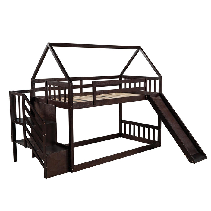 Twin over Twin House Bunk Bed with Slide andStorage Staircase - Espresso