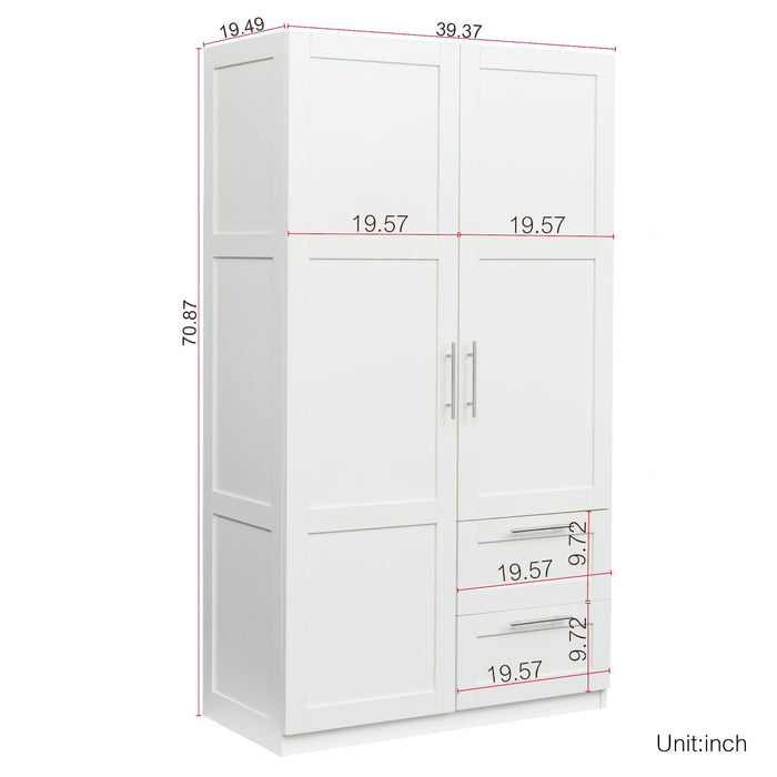 High wardrobe and kitchen cabinet with 2 doors, 2 drawers and 5Storage spaces,white