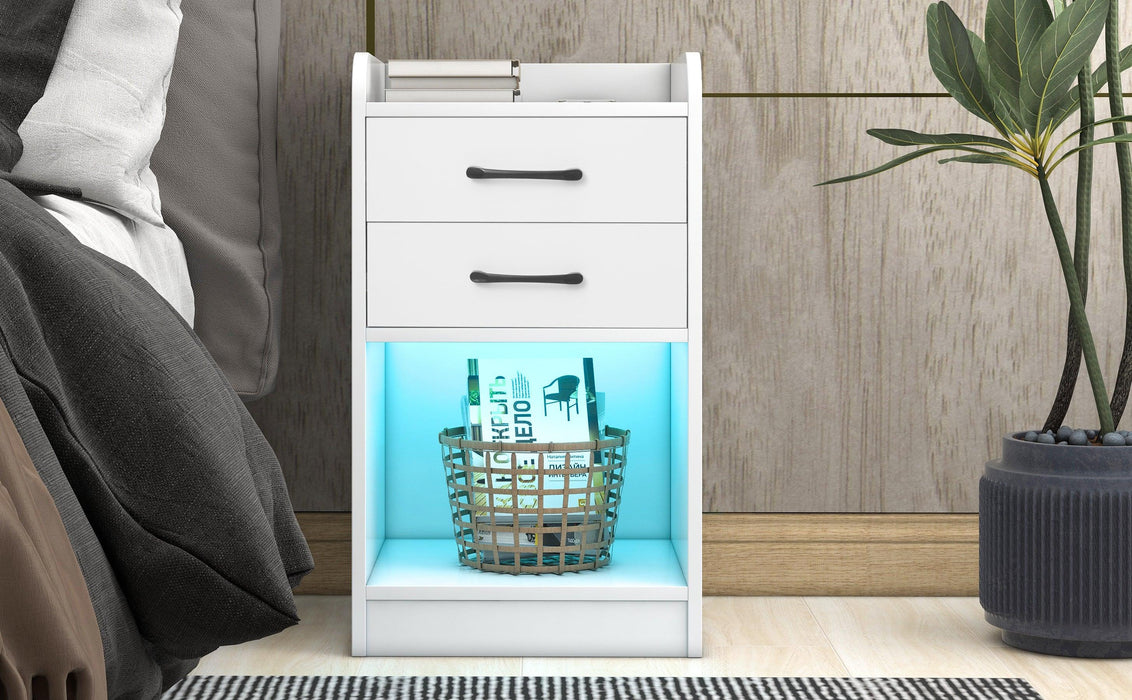 Nightstand with 2 Drawers and Cabinet,USB Charging Ports,Wireless Charging and Remote Control LED Light-White