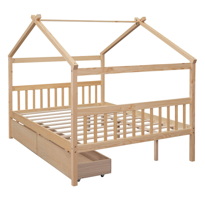 Full Size Wooden House Bed with Drawers, Natural