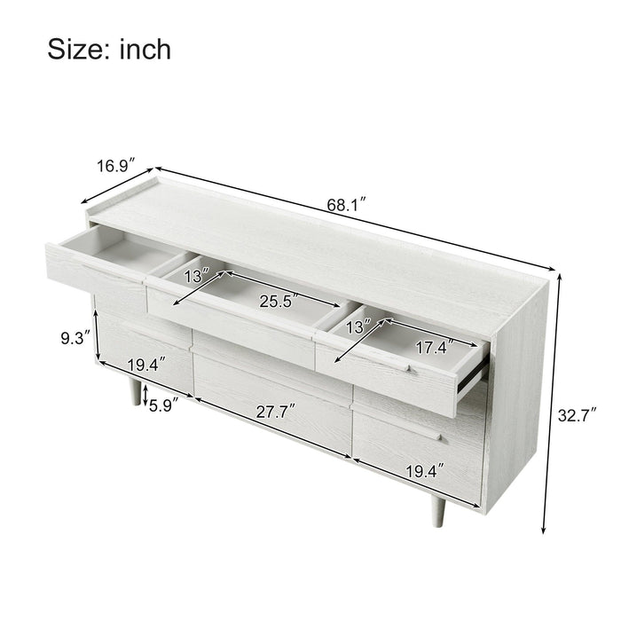 Modern Style Manufactured Wood 9-Drawer Dresser with Solid Wood Legs, White