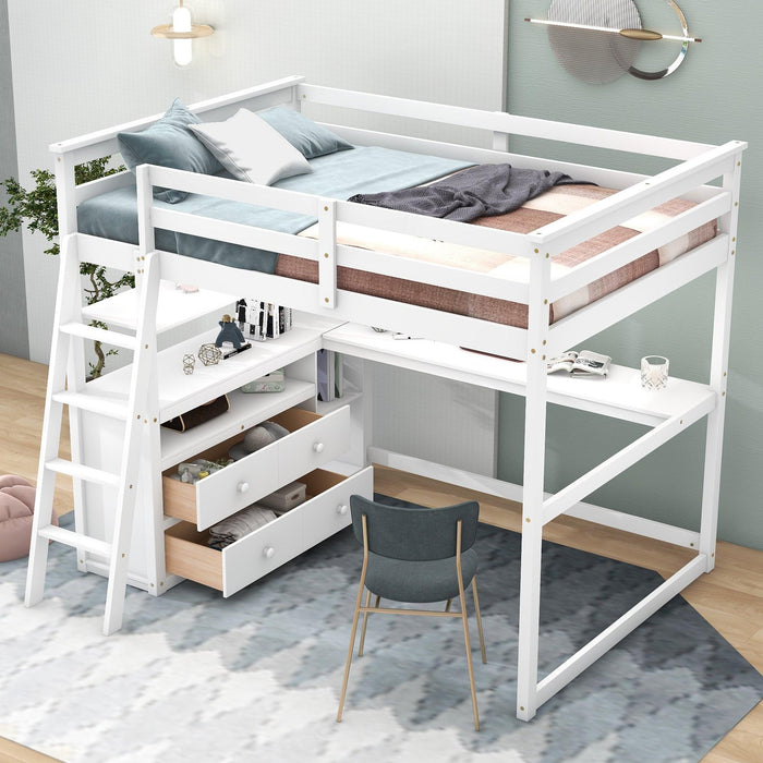 Full Size Loft Bed with Desk and Shelves,Two Built-in Drawers,White