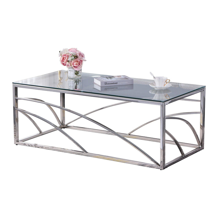 Stainless Steel Rectangular Accent Glass Coffee Table for Living Room- 46.8"Modern Sleek Center Table with Lounge Table with Clear Tempered Glass(Silver)