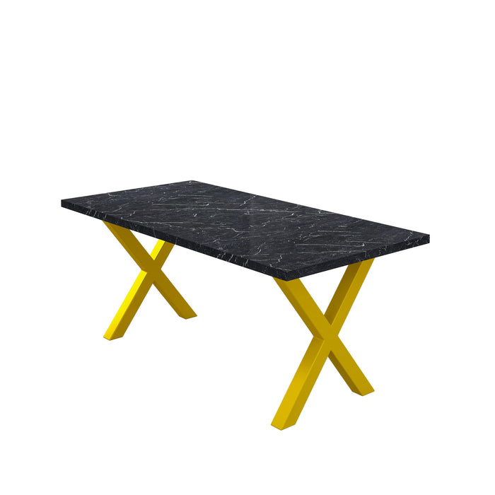 70.87"Modern Square Dining Table with Printed Black Marble Table Top+Gold X-Shape Table Leg