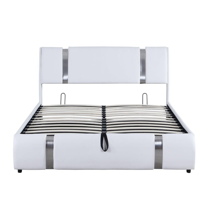 Queen Size Upholstered Faux Leather Platform bed with a HydraulicStorage System, White