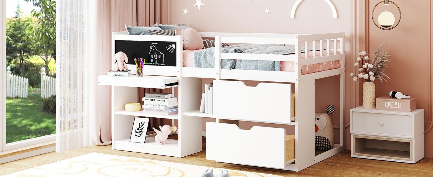 Twin Size Low Loft Bed with Rolling Desk, Shelf and Drawers - White