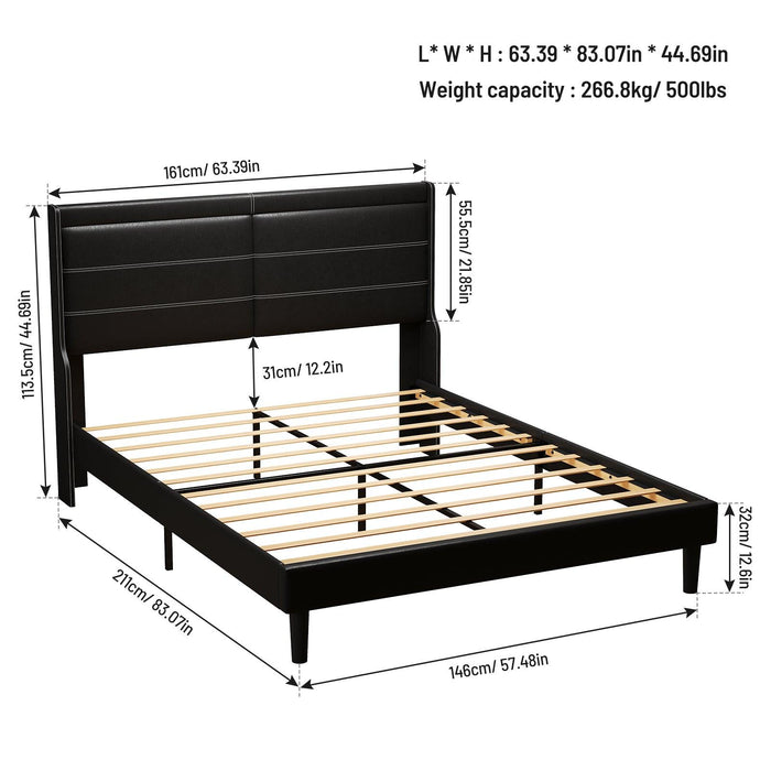 Stylish Queen Size PU Leather Upholstered Bed Frame Platform Bed with Lights Stitched Wing-backed Headboard Strong Wooden Slats Bed Canopy No Box Spring Needed Black