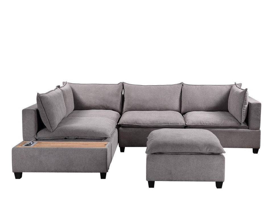 Madison Light Gray Fabric 6 Piece Modular Sectional Sofa with Ottoman and USBStorage Console Table