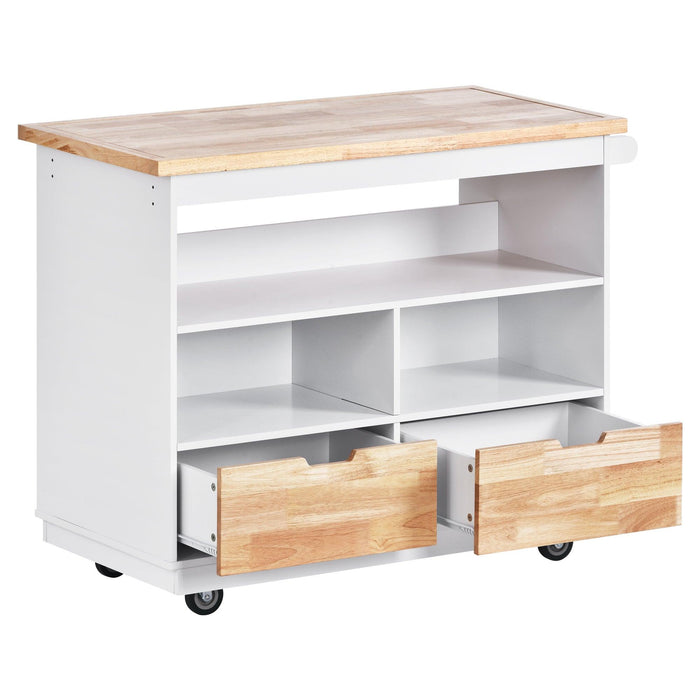 Kitchen Cart Rolling Mobile Kitchen Island Solid Wood Top, Kitchen Cart With 2 Drawers,Tableware Cabinet（White）