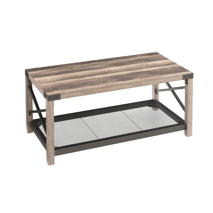 38.82" Farmhouse Coffee Table, 2-Tier Cocktail Table, Center Table with Mesh Shelf, Steel Frame, Corner Protection, Industrial Style, Long Table For Living Room, Grey