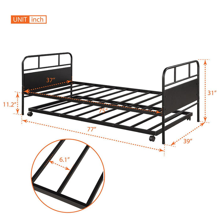 Metal Daybed Platform Bed Frame with Trundle Built-in Casters, Twin Size