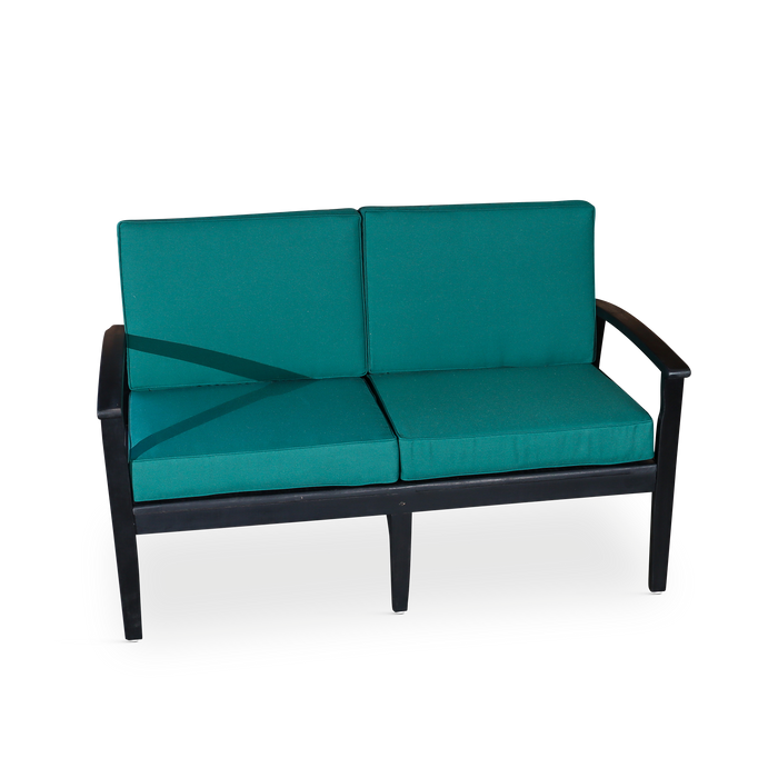 Eucalyptus Loveseat with Cushions, Espresso Finish, Dark Green Cushions