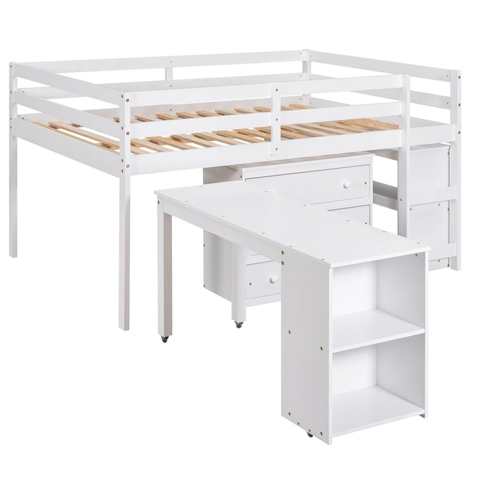 Low Study Full Loft Bed with Cabinet ,Shelves and Rolling Portable Desk ,Multiple Functions Bed- White