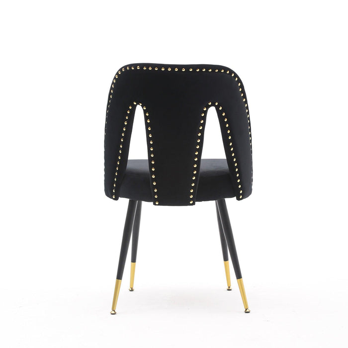 Akoya CollectionModern | Contemporary Velvet Upholstered Dining Chair with Nailheads and Gold Tipped Black Metal Legs,Black，Set of 2