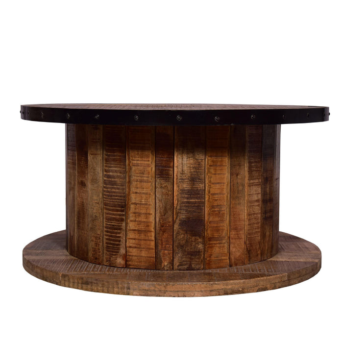 36 Inch ManWood Farmhouse Coffee Table with Rustic Plank Style Round Top and Base, Walnut and Natural Brown