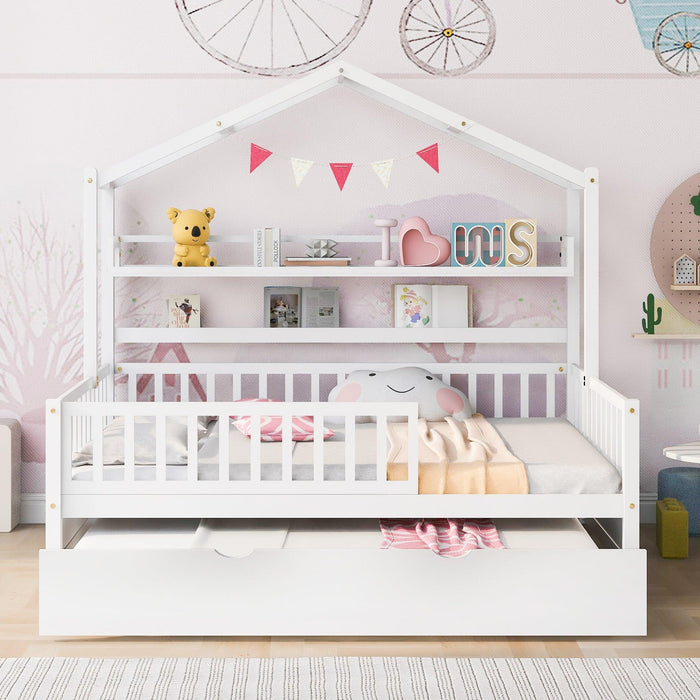 Wooden Full Size House Bed with Twin Size Trundle,Kids Bed with Shelf, White