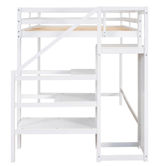 Full Size Loft Bed with Built-inStorage Wardrobe and Staircase,White