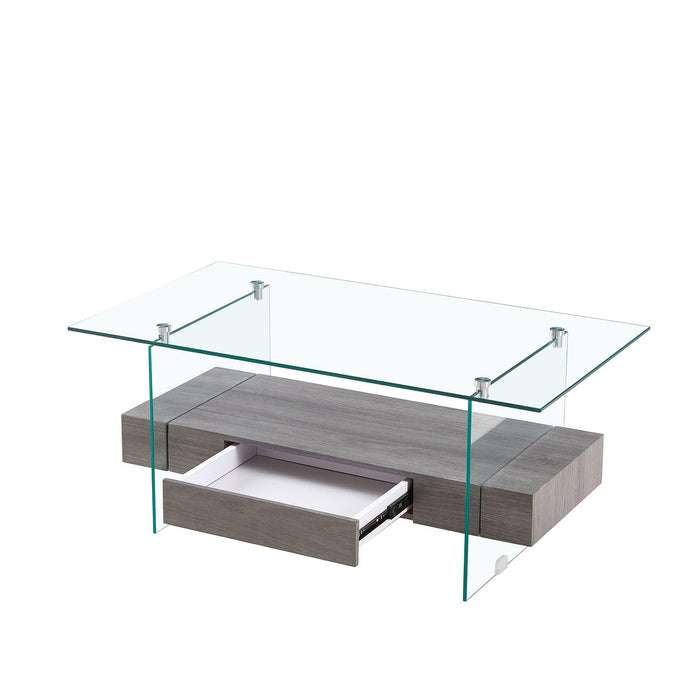 37.8" Tempered Glass Coffee table with Dual Shelves and MDF Drawer, Tea Table for living roon, bedroom，transparent/gray