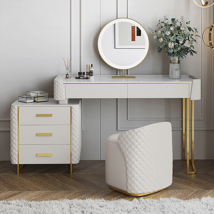 Makeup Vanity Set with LED Lighted Mirror, 5 Drawers,Modern Dressing Table Sintered Stone, Stool, For Bedroom, 47.24'', White