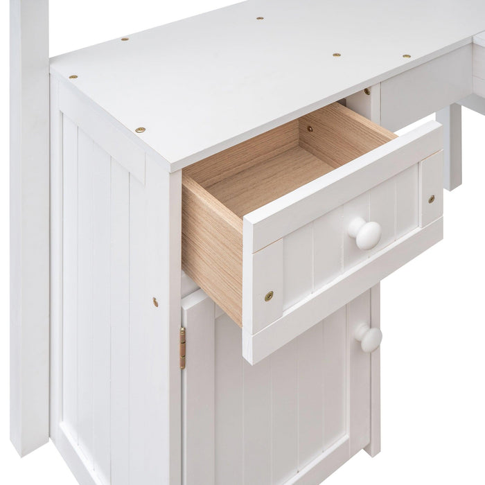 Twin size Loft Bed with Drawers, Cabinet, Shelves and Desk, Wooden Loft Bed with Desk - White